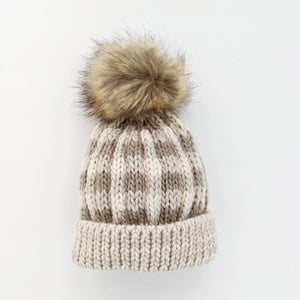 Pebble Brown Buffalo Check Pom Pom Beanie