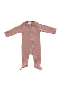 Dusty Rose Organic Cotton Ribbed Footed Zipper One-Piece