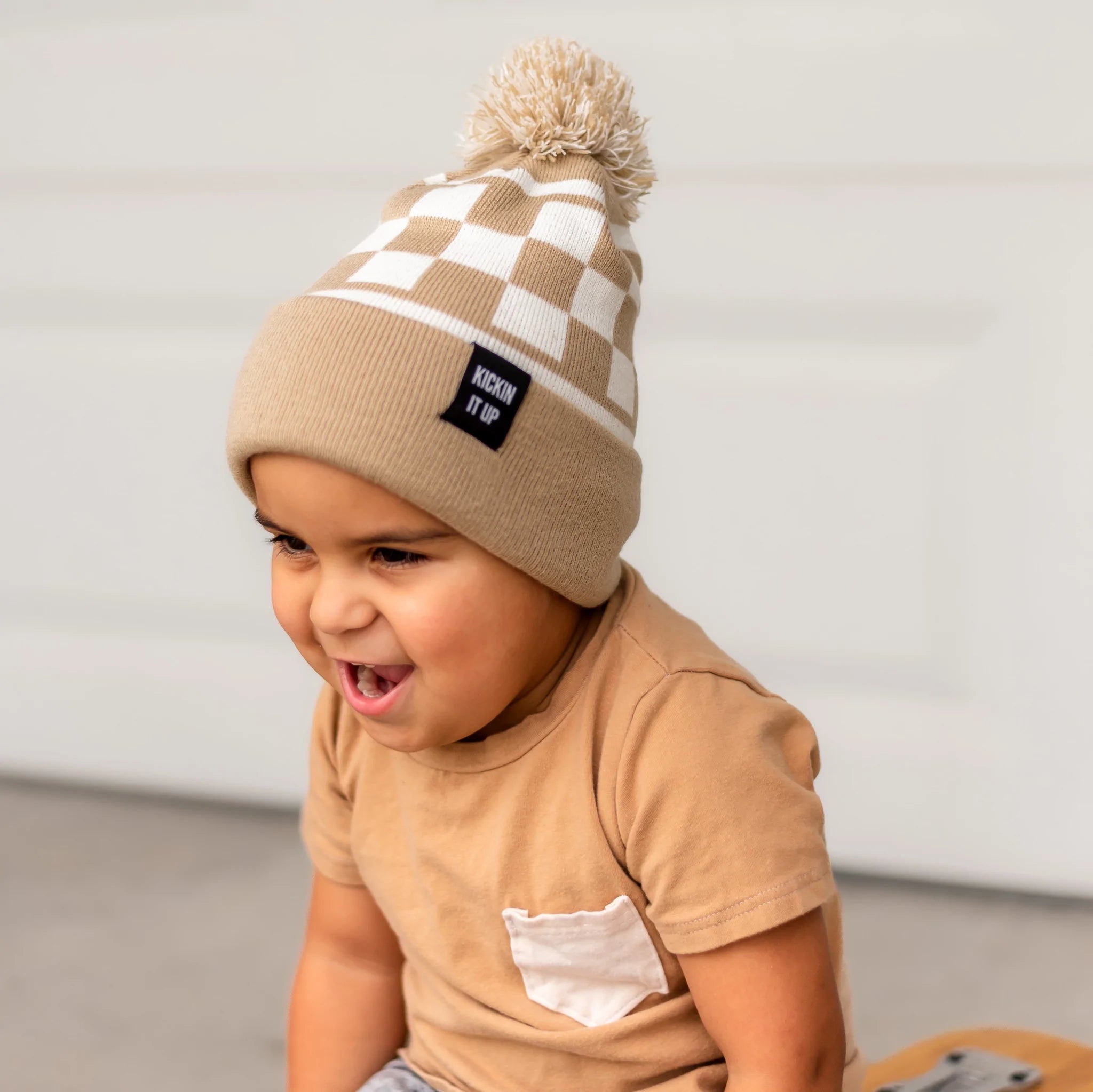 Tan Checker Pom Beanie